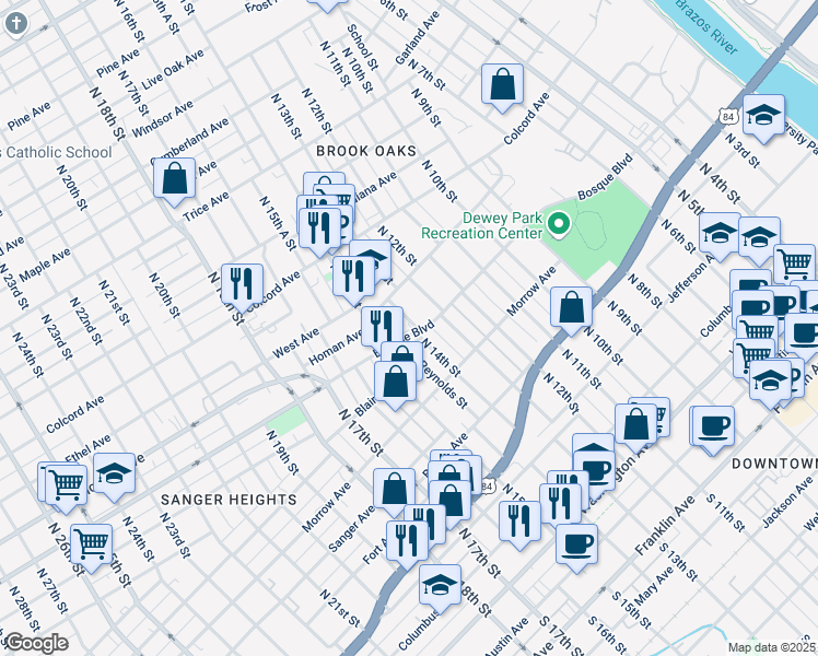 map of restaurants, bars, coffee shops, grocery stores, and more near 1401 Bosque Boulevard in Waco