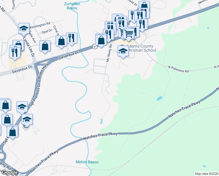 map of restaurants, bars, coffee shops, grocery stores, and more near 301 Mc Neely Road in Natchez