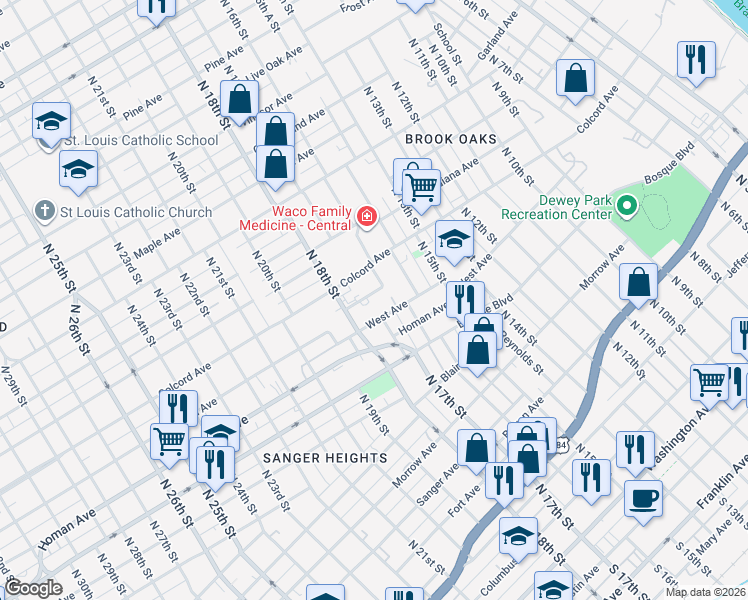 map of restaurants, bars, coffee shops, grocery stores, and more near 1700 Ethel Avenue in Waco
