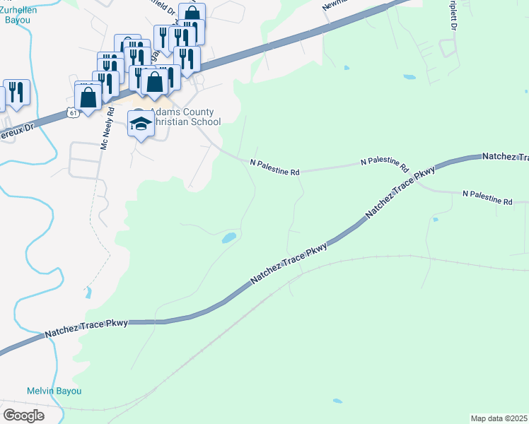 map of restaurants, bars, coffee shops, grocery stores, and more near 56 North Palestine Road in Natchez