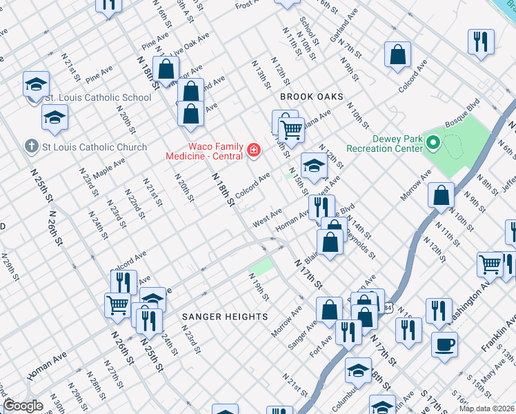 map of restaurants, bars, coffee shops, grocery stores, and more near 1700 Ethel Avenue in Waco