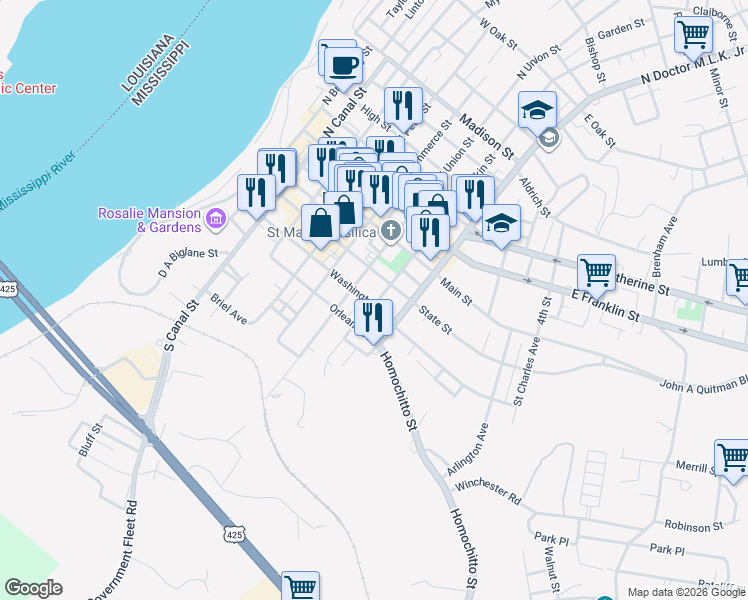 map of restaurants, bars, coffee shops, grocery stores, and more near 609 Washington Street in Natchez