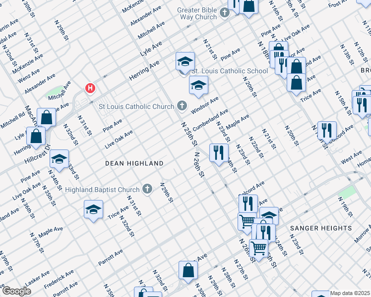 map of restaurants, bars, coffee shops, grocery stores, and more near 2608 Cumberland Avenue in Waco