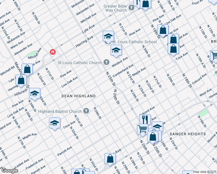 map of restaurants, bars, coffee shops, grocery stores, and more near 2608 Cumberland Avenue in Waco