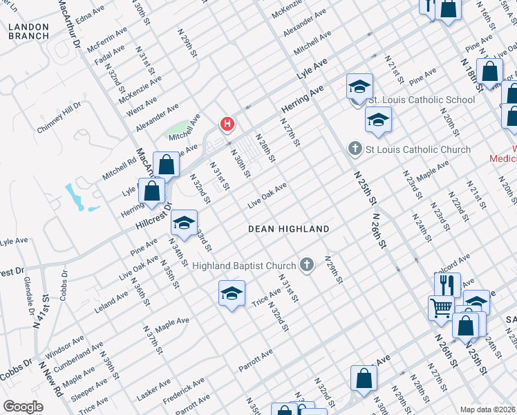map of restaurants, bars, coffee shops, grocery stores, and more near 3006 Live Oak Avenue in Waco