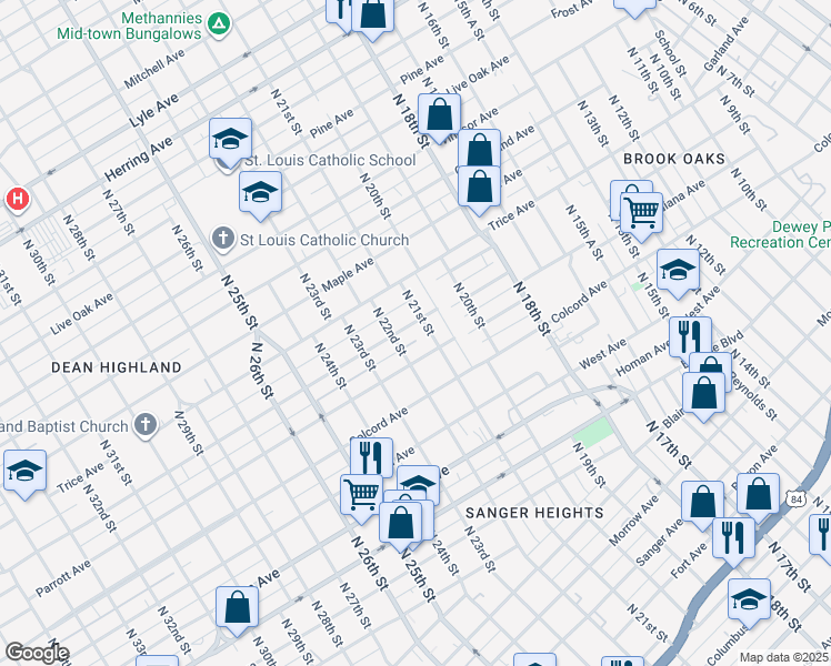 map of restaurants, bars, coffee shops, grocery stores, and more near 2108 Lasker Avenue in Waco