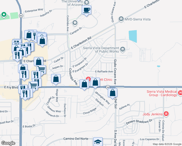 map of restaurants, bars, coffee shops, grocery stores, and more near 4949 East Raffaele Avenue in Sierra Vista