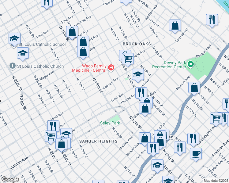 map of restaurants, bars, coffee shops, grocery stores, and more near 1700 Ethel Avenue in Waco