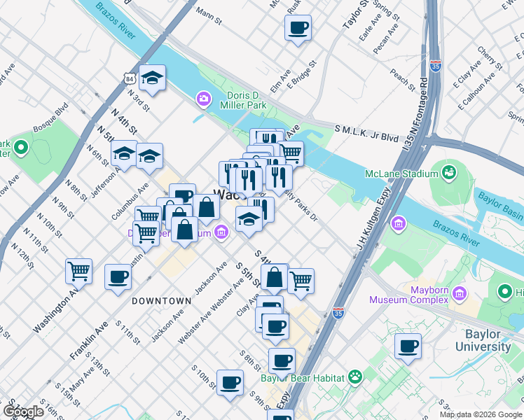map of restaurants, bars, coffee shops, grocery stores, and more near 325 South 2nd Street in Waco