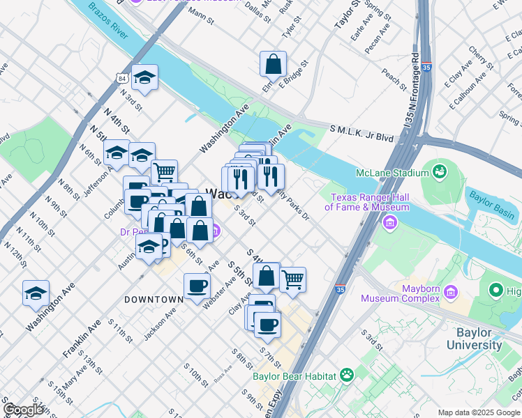 map of restaurants, bars, coffee shops, grocery stores, and more near 325 South 2nd Street in Waco