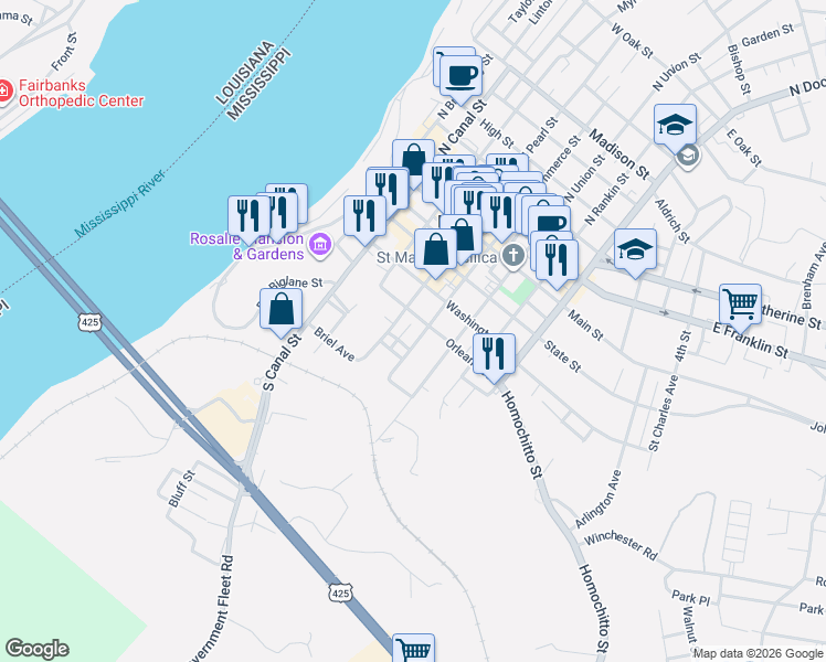 map of restaurants, bars, coffee shops, grocery stores, and more near 406 Orleans Street in Natchez
