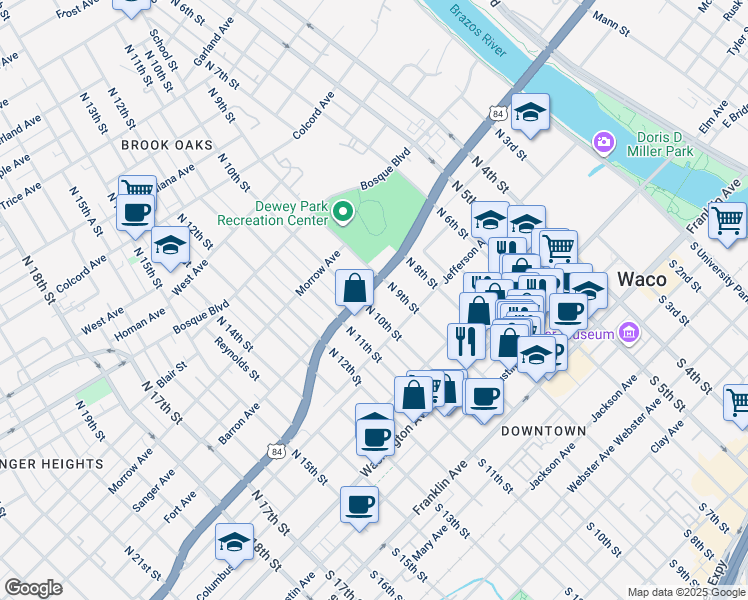map of restaurants, bars, coffee shops, grocery stores, and more near 528 North 9th Street in Waco