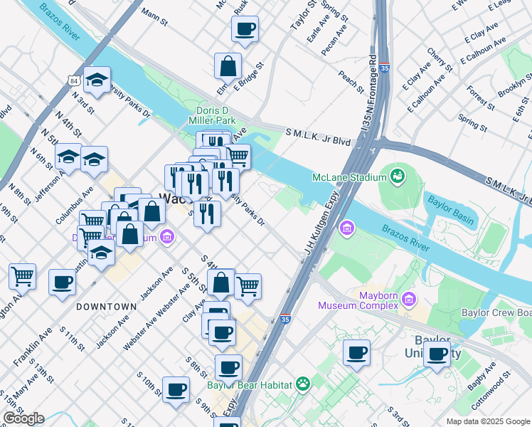 map of restaurants, bars, coffee shops, grocery stores, and more near 504 South University Parks Drive in Waco
