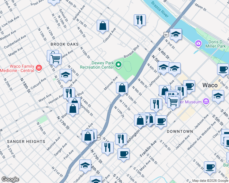 map of restaurants, bars, coffee shops, grocery stores, and more near 729 North 11th Street in Waco