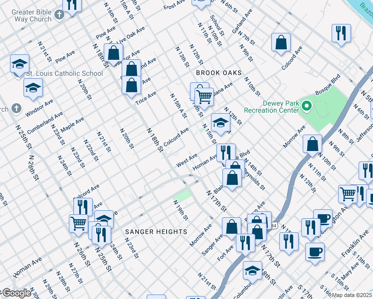 map of restaurants, bars, coffee shops, grocery stores, and more near 1700 Ethel Ave in Waco