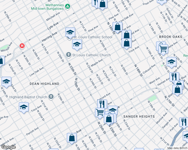 map of restaurants, bars, coffee shops, grocery stores, and more near 2308 Trice Avenue in Waco