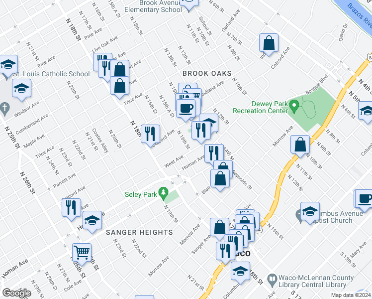 map of restaurants, bars, coffee shops, grocery stores, and more near 1515 West Avenue in Waco