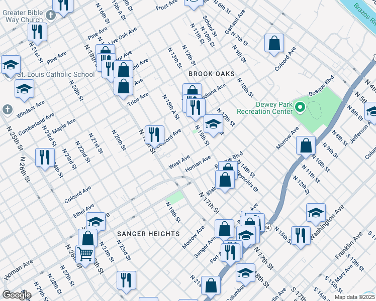 map of restaurants, bars, coffee shops, grocery stores, and more near 1700 Ethel Avenue in Waco