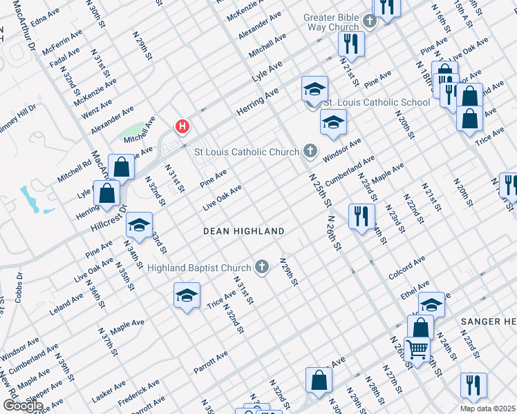 map of restaurants, bars, coffee shops, grocery stores, and more near 2728 Windsor Avenue in Waco
