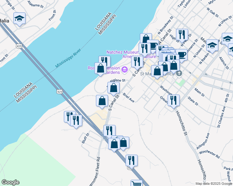 map of restaurants, bars, coffee shops, grocery stores, and more near 1-5 Rumble St in Natchez