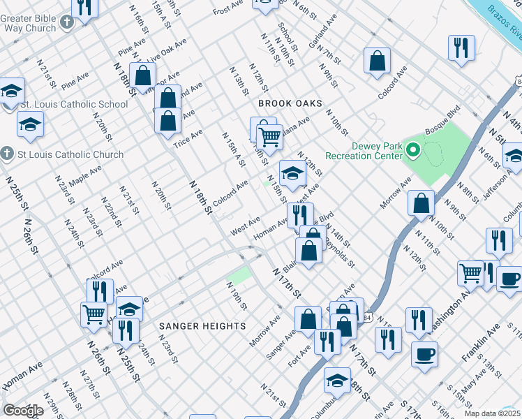 map of restaurants, bars, coffee shops, grocery stores, and more near 1515 West Avenue in Waco