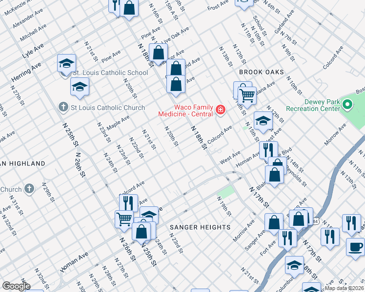 map of restaurants, bars, coffee shops, grocery stores, and more near 1920 Algonquin Street in Waco