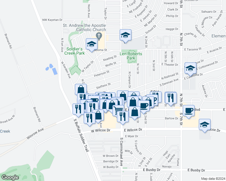 map of restaurants, bars, coffee shops, grocery stores, and more near 100 West Whitton Street in Sierra Vista