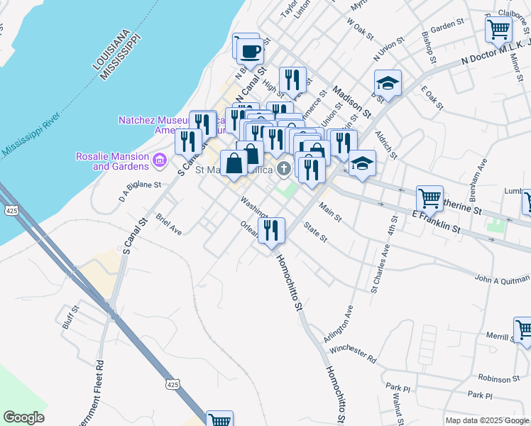 map of restaurants, bars, coffee shops, grocery stores, and more near 609 Washington Street in Natchez