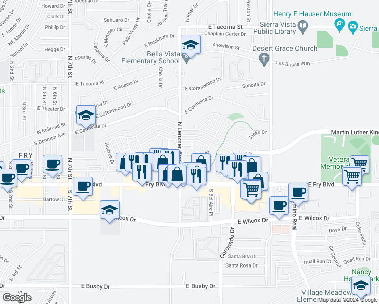 map of restaurants, bars, coffee shops, grocery stores, and more near 1600 East Buena Drive in Sierra Vista