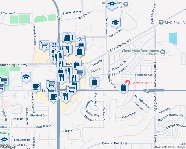 map of restaurants, bars, coffee shops, grocery stores, and more near 217 North Tree Top Avenue in Sierra Vista