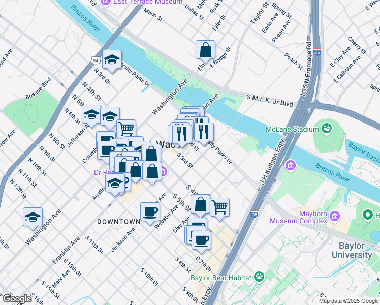 map of restaurants, bars, coffee shops, grocery stores, and more near 325 South 2nd Street in Waco