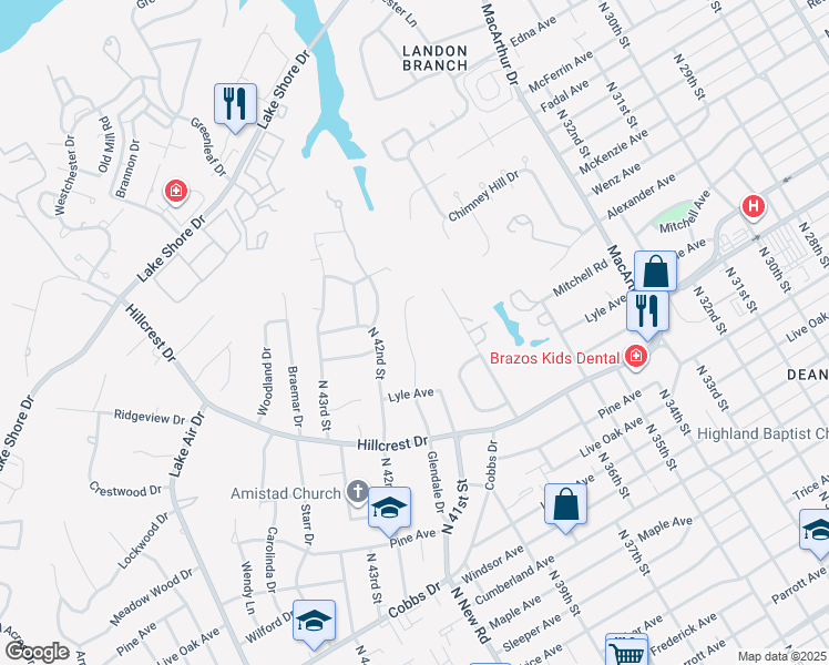 map of restaurants, bars, coffee shops, grocery stores, and more near 2707 Glendale Drive in Waco