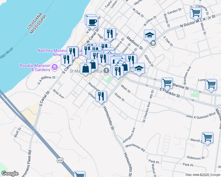 map of restaurants, bars, coffee shops, grocery stores, and more near 713 State Street in Natchez