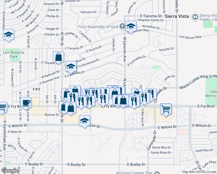 map of restaurants, bars, coffee shops, grocery stores, and more near 1317 East Sierra Drive in Sierra Vista