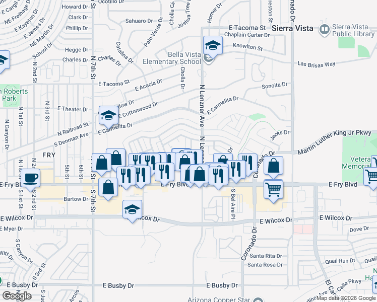 map of restaurants, bars, coffee shops, grocery stores, and more near 1401 East Sierra Drive in Sierra Vista