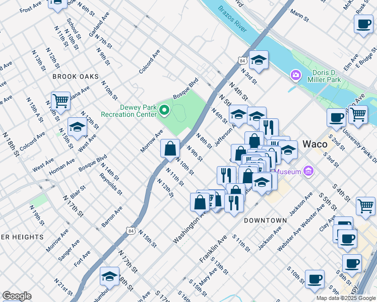 map of restaurants, bars, coffee shops, grocery stores, and more near 528 North 9th Street in Waco