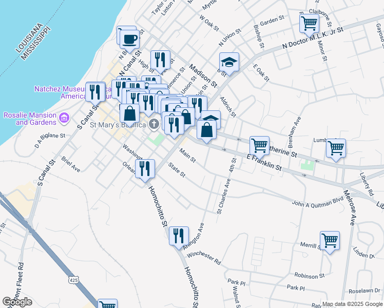 map of restaurants, bars, coffee shops, grocery stores, and more near 821 Main Street in Natchez