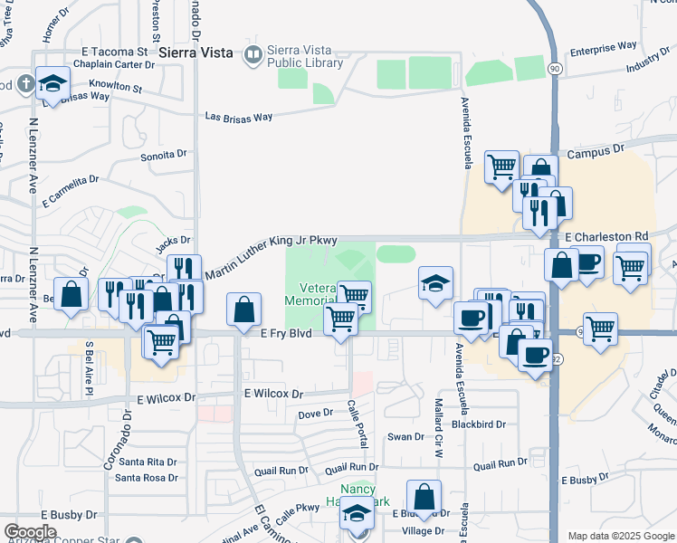 map of restaurants, bars, coffee shops, grocery stores, and more near 3105 East Fry Boulevard in Sierra Vista