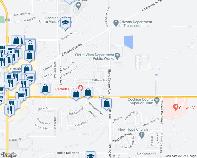 map of restaurants, bars, coffee shops, grocery stores, and more near 216 North Enrico Avenue in Sierra Vista