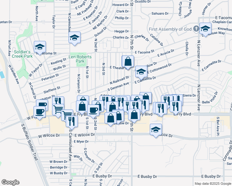 map of restaurants, bars, coffee shops, grocery stores, and more near 119 North 5th Street in Sierra Vista