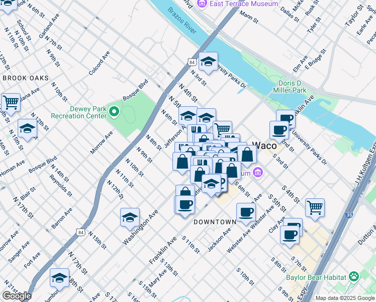 map of restaurants, bars, coffee shops, grocery stores, and more near 623 Columbus Avenue in Waco