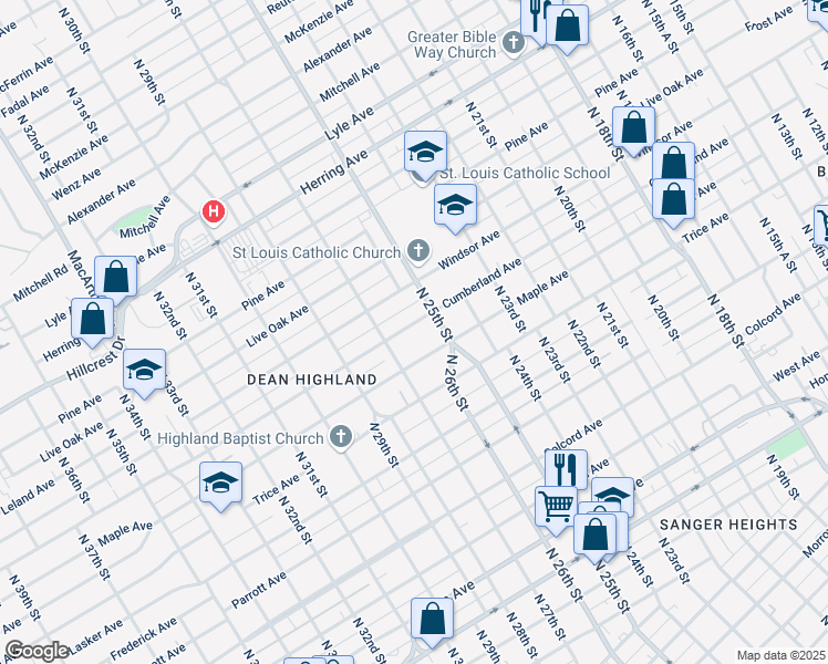 map of restaurants, bars, coffee shops, grocery stores, and more near 2608 Cumberland Avenue in Waco