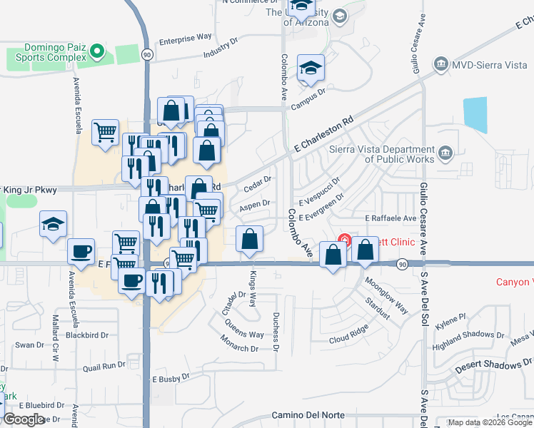 map of restaurants, bars, coffee shops, grocery stores, and more near 4665 East Evergreen Drive in Sierra Vista