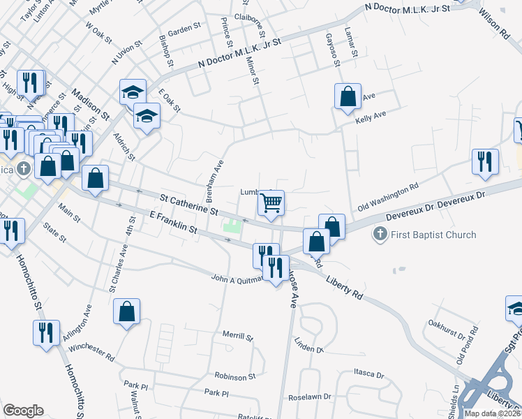 map of restaurants, bars, coffee shops, grocery stores, and more near 6-8 Perrault Street in Natchez