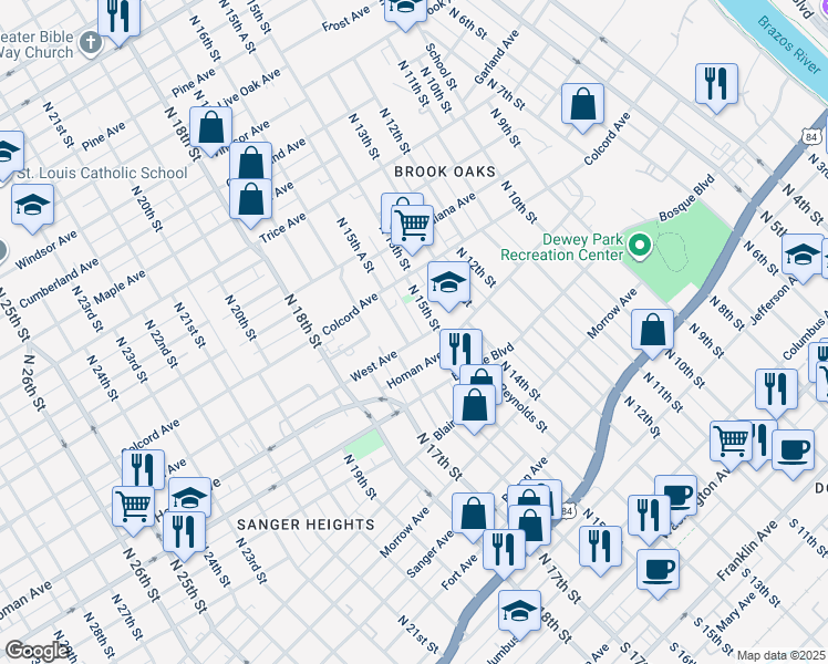 map of restaurants, bars, coffee shops, grocery stores, and more near 1515 West Avenue in Waco