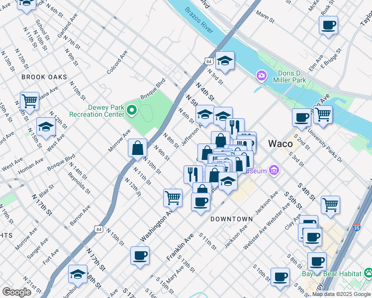 map of restaurants, bars, coffee shops, grocery stores, and more near 329 North 8th Street in Waco