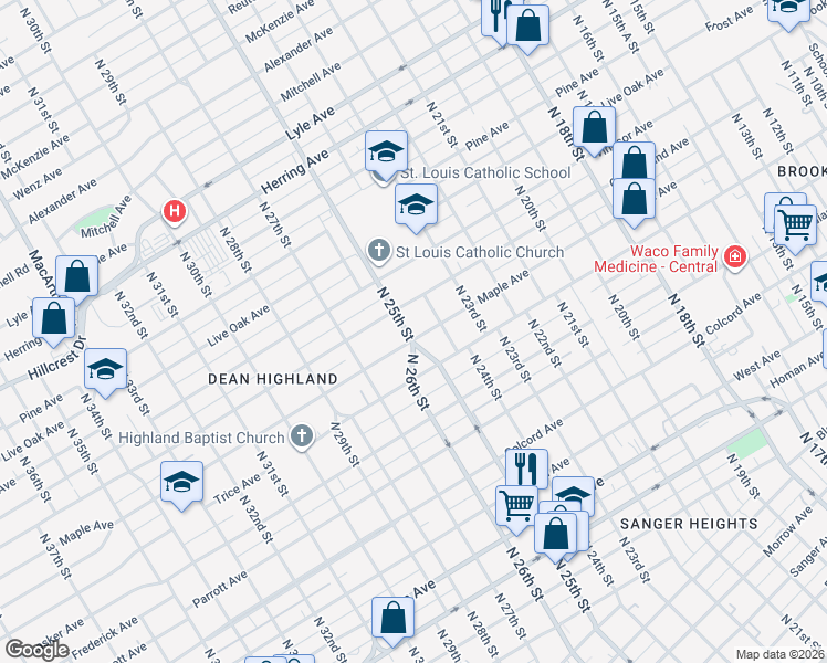 map of restaurants, bars, coffee shops, grocery stores, and more near 1901 North 25th Street in Waco