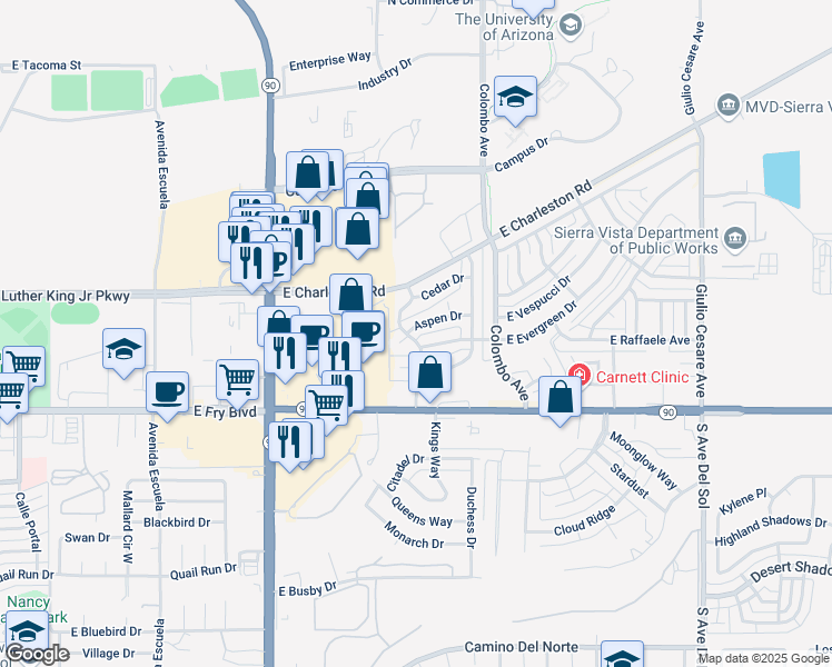 map of restaurants, bars, coffee shops, grocery stores, and more near 217 North Tree Top Avenue in Sierra Vista