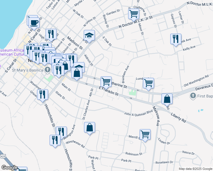 map of restaurants, bars, coffee shops, grocery stores, and more near 1-11 6th St in Natchez