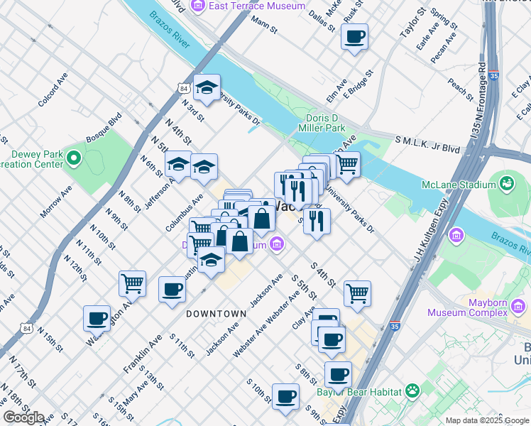 map of restaurants, bars, coffee shops, grocery stores, and more near 300 Franklin Avenue in Waco